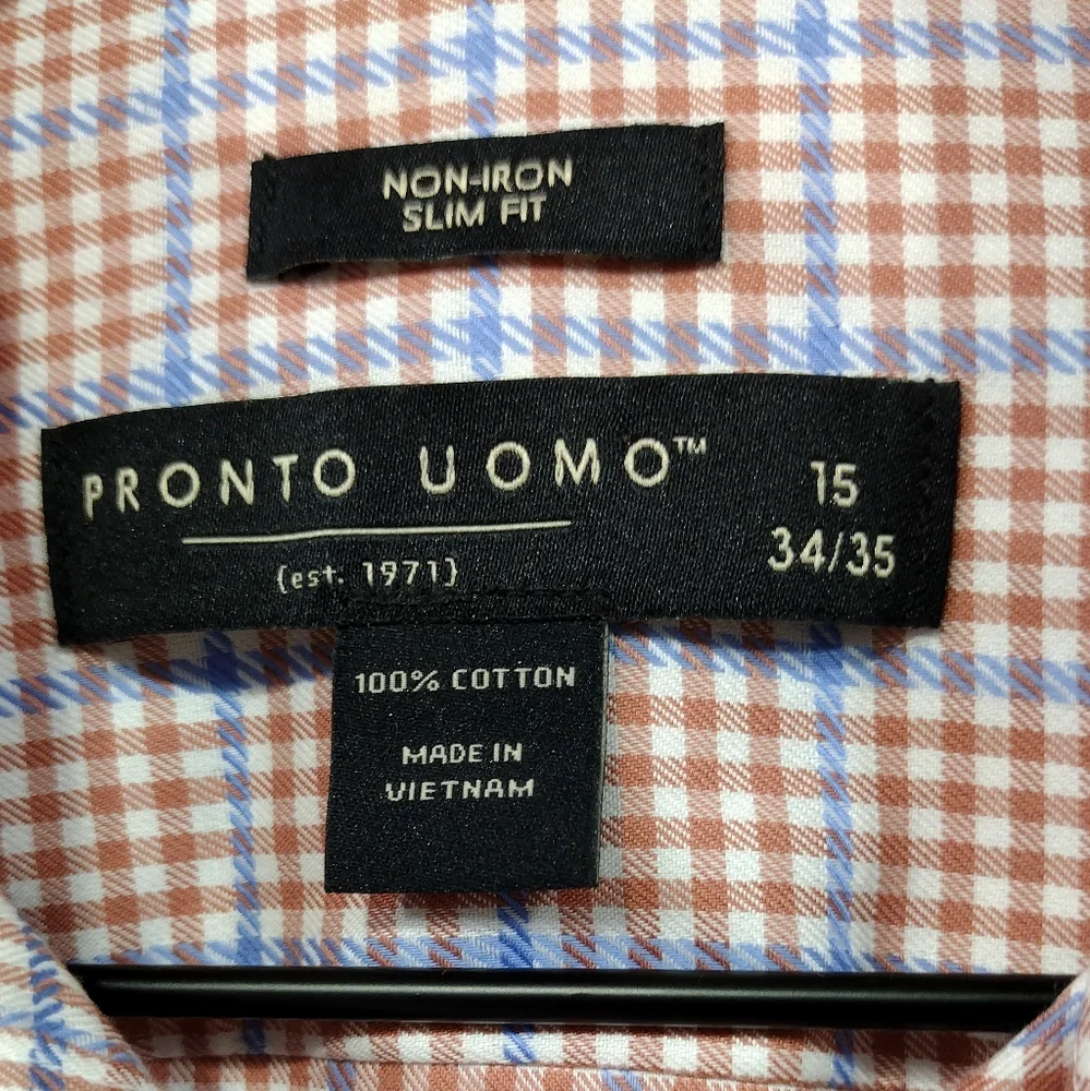 NWT Pronto Uomo Plaid Slim Fit Button Shirt Men's 15 Red Blue Office Career